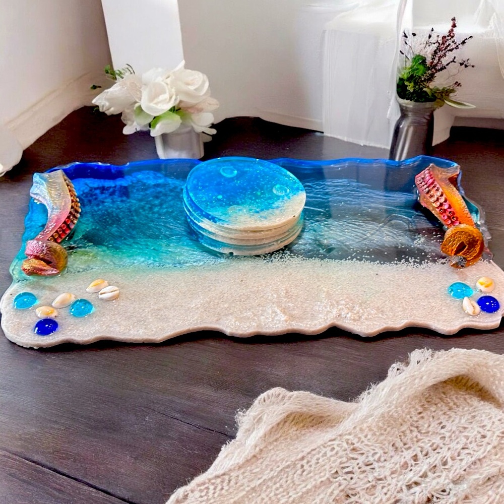 🌊 Handmade Beach Resin Tray & Coaster Set – Epoxy Resin Ocean Art